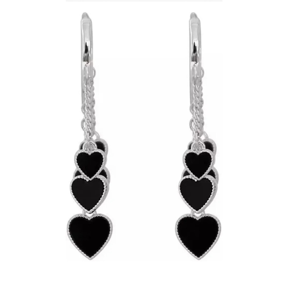 Black Heart Tassel Hoop Silver Dangle Hearts Earrings NWT